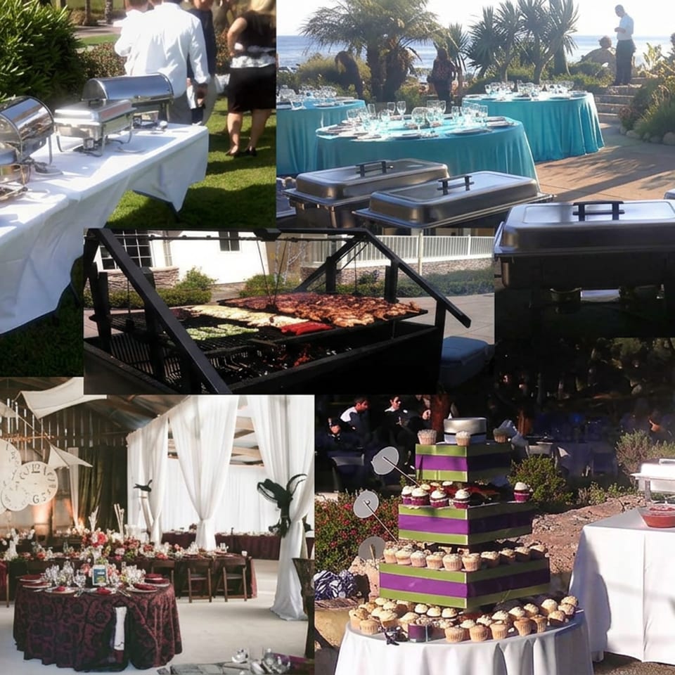 Collage showing outdoor buffet stations, grilled food, seaside dining tables, elegant tent décor, and a tiered cupcake display.