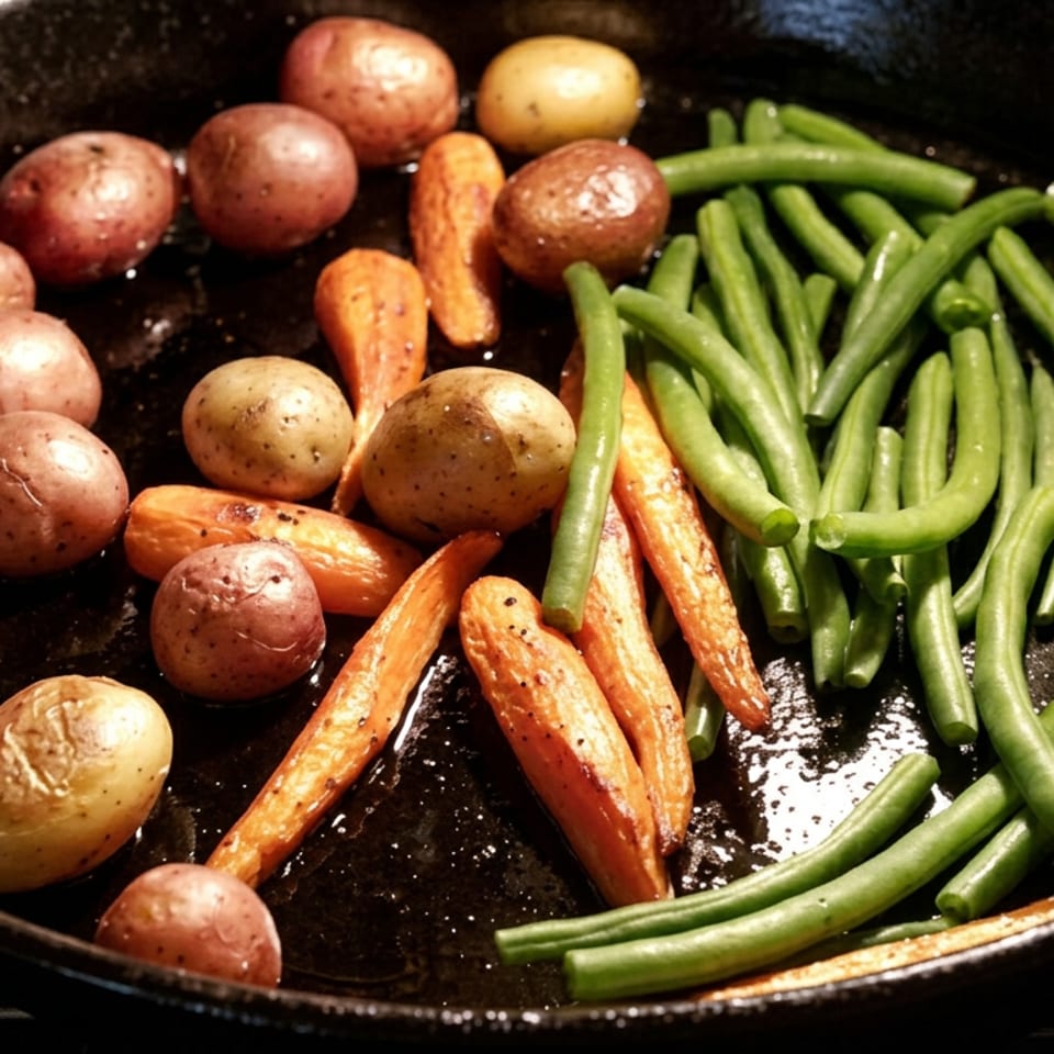 Roasted red and gold potatoes, carrots, and green beans arranged in a black skillet.