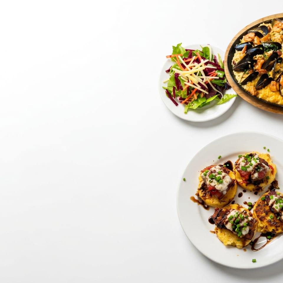 Overhead view of seafood paella with mussels, salad, and four garnished appetizers on white plates.