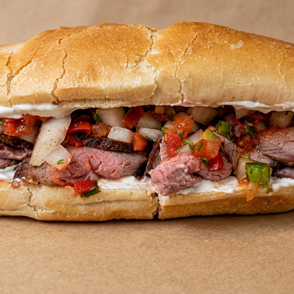 Long crusty sandwich filled with sliced roast beef, creamy sauce, chopped tomatoes, onions, and green peppers.