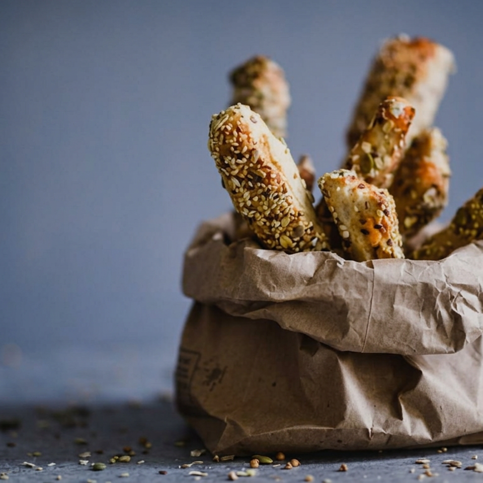 Sesame-coated breadsticks arranged in a crumpled paper bag on a blue tabletop.