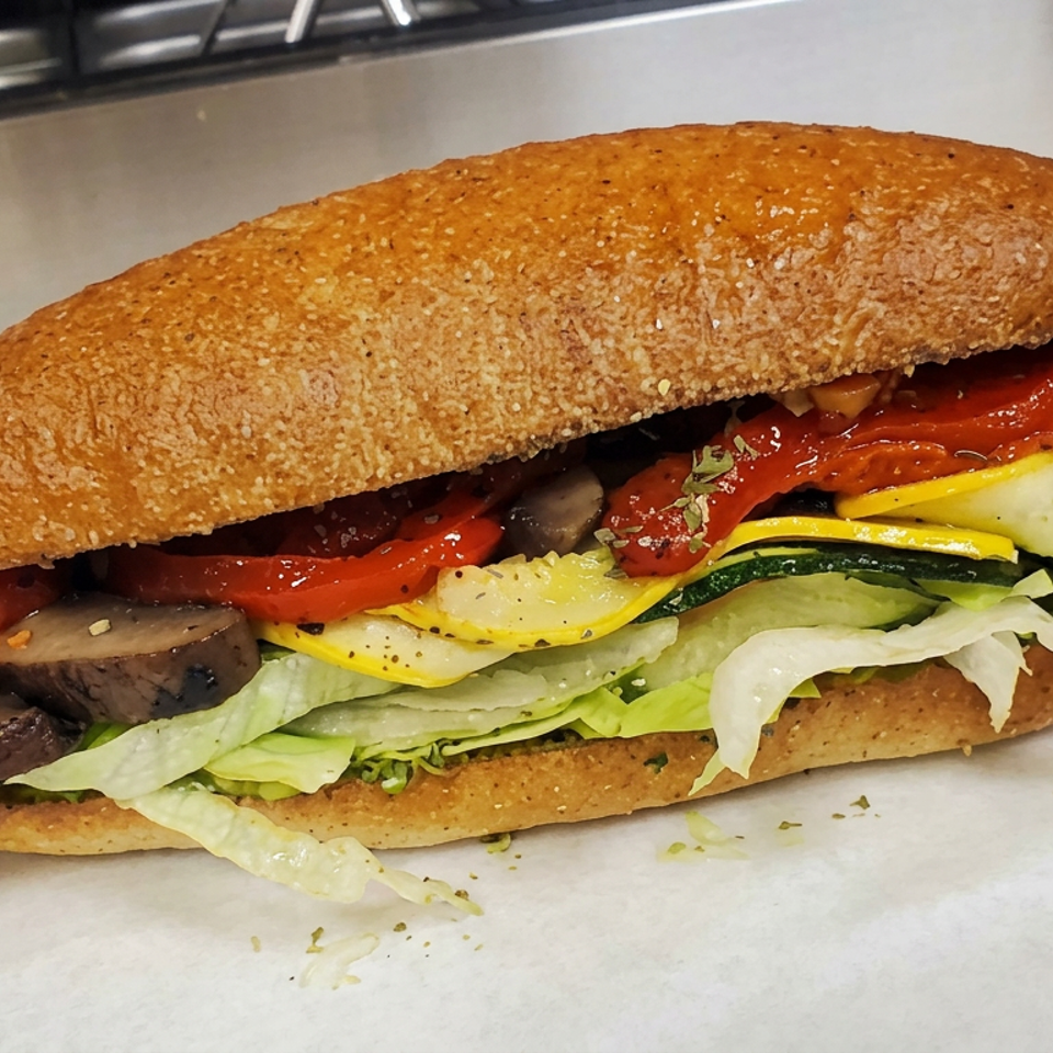 Grilled vegetable sandwich on a seeded roll with roasted peppers, mushrooms, zucchini, squash, and lettuce.