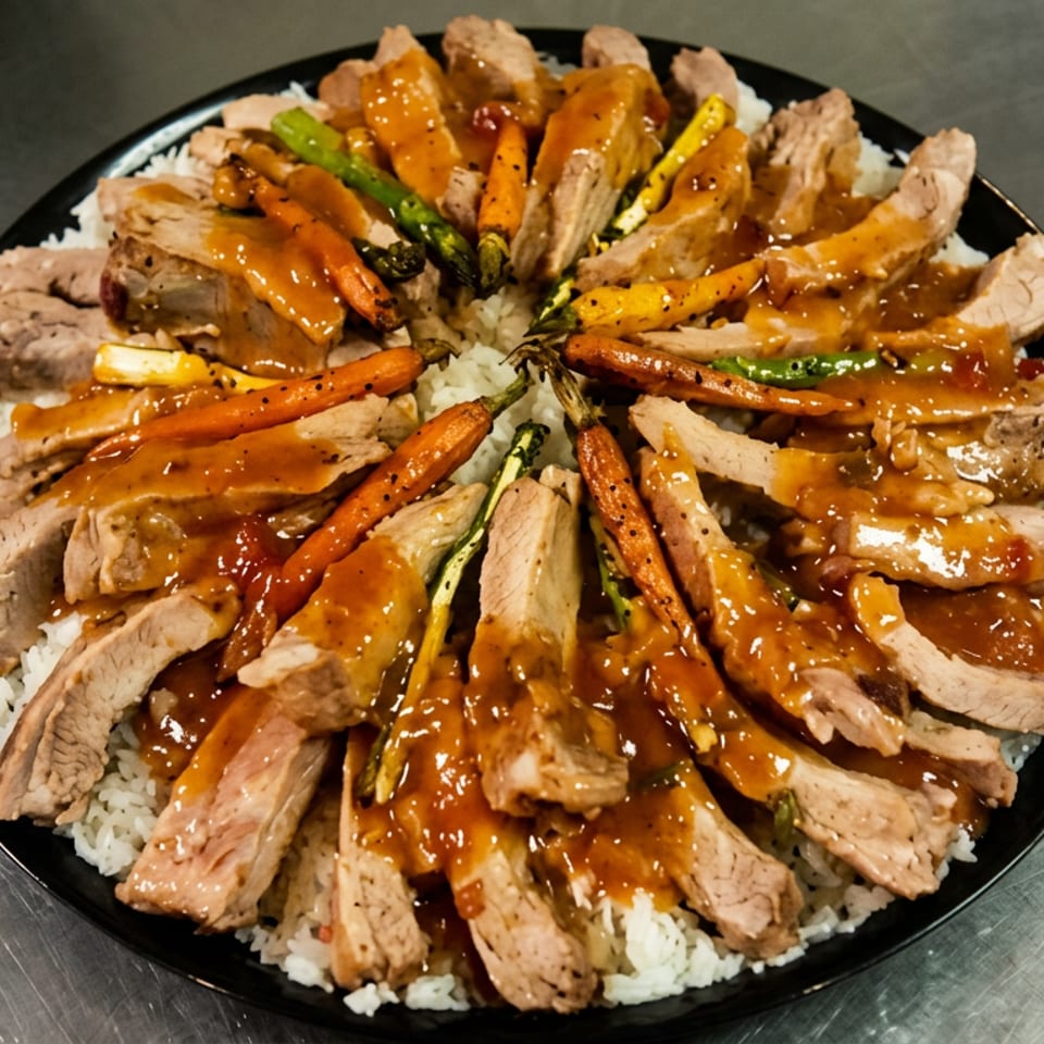 Black platter of sliced roasted meat, glazed carrots, and green vegetables arranged over white rice.