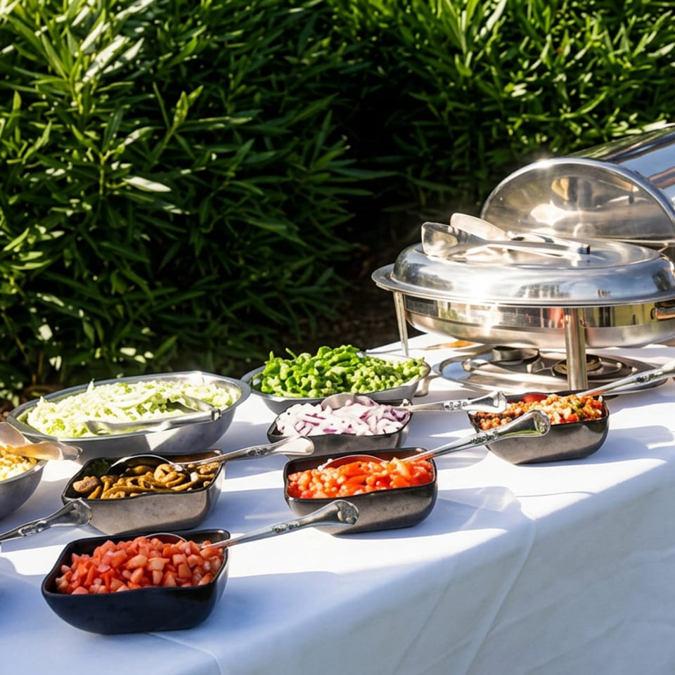 Outdoor buffet table with chafing dishes, serving bowls of chopped vegetables, sauces, and toppings against lush greenery.