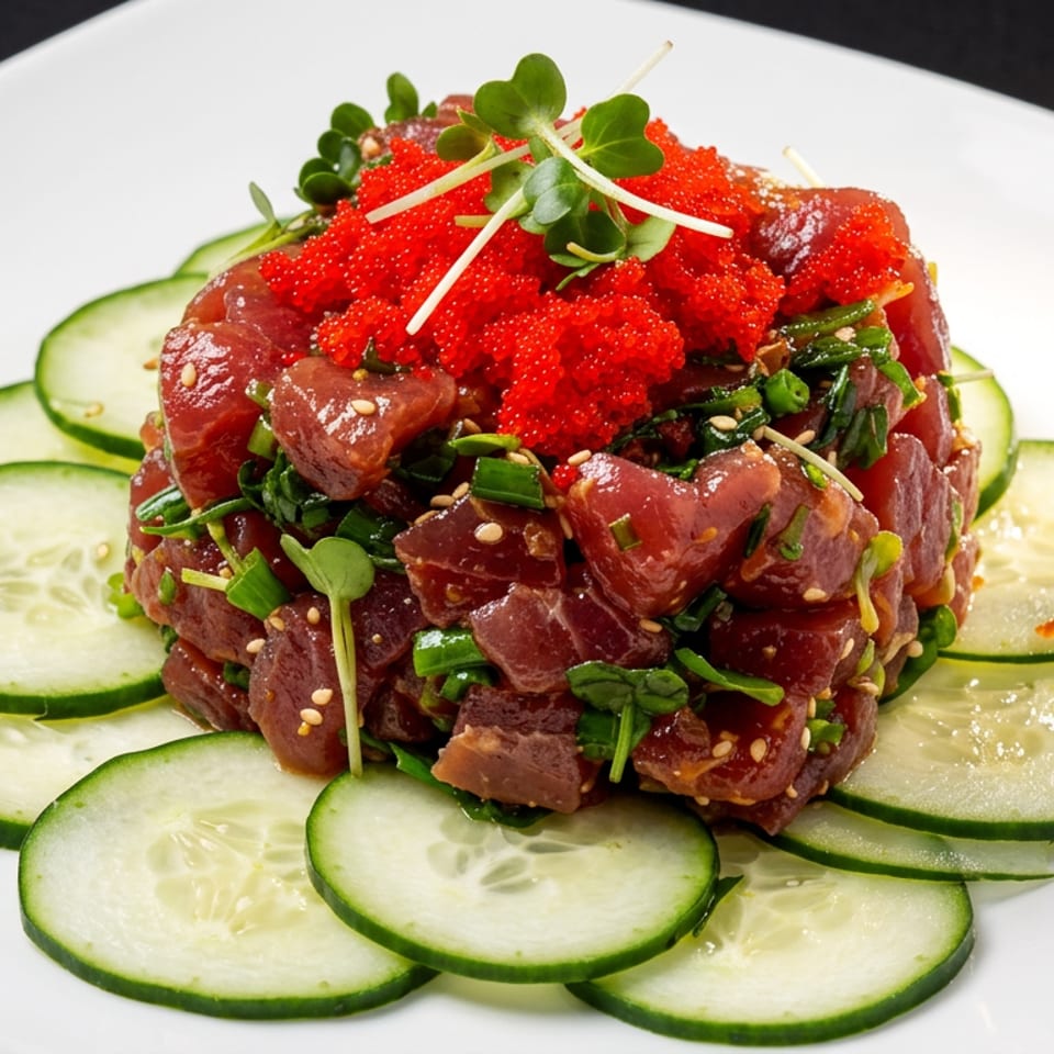 Diced raw tuna tartare topped with red roe and microgreens, surrounded by cucumber slices on a white plate.