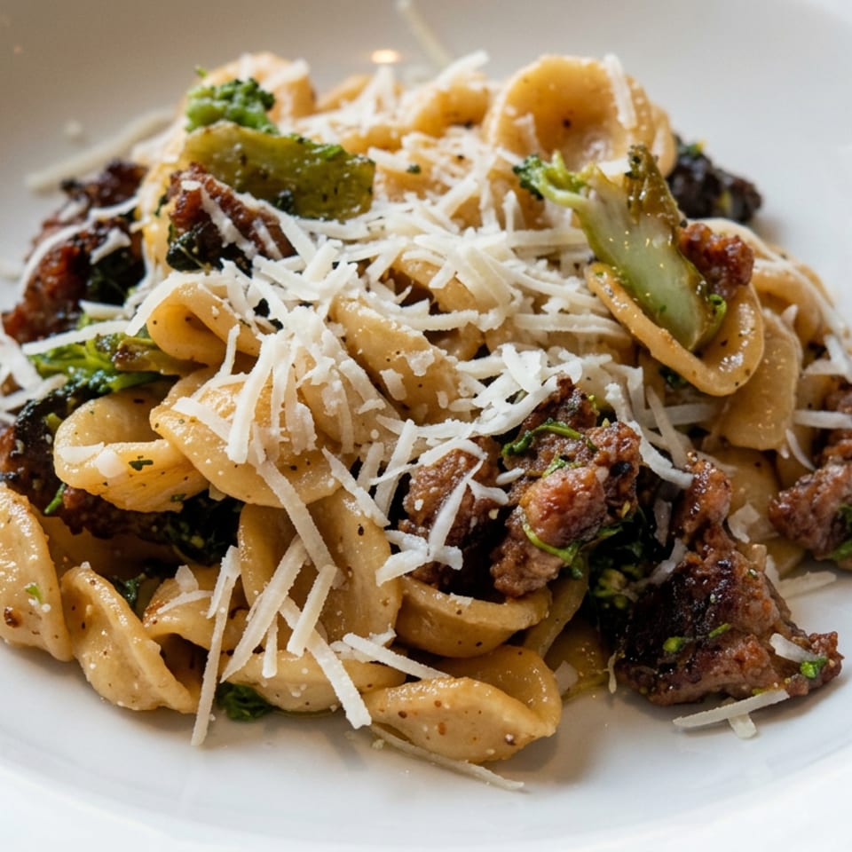 Orecchiette pasta with browned sausage, broccoli, herbs, and grated cheese served on a white plate.