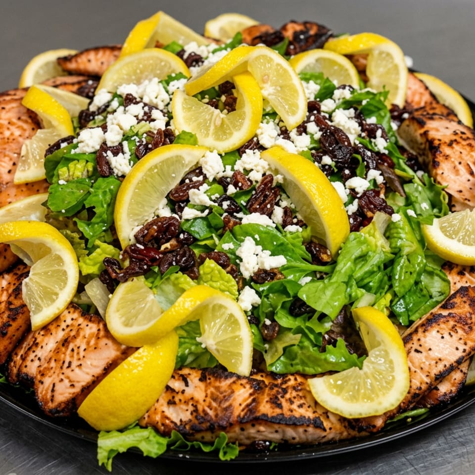 Grilled salmon slices surround a leafy salad topped with black beans, raisins, crumbled cheese, and lemon wedges on a black platter.