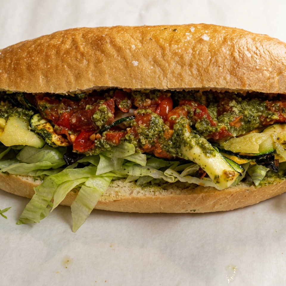 Long sandwich filled with grilled zucchini, roasted red peppers, green pesto, and shredded lettuce on a crusty roll.