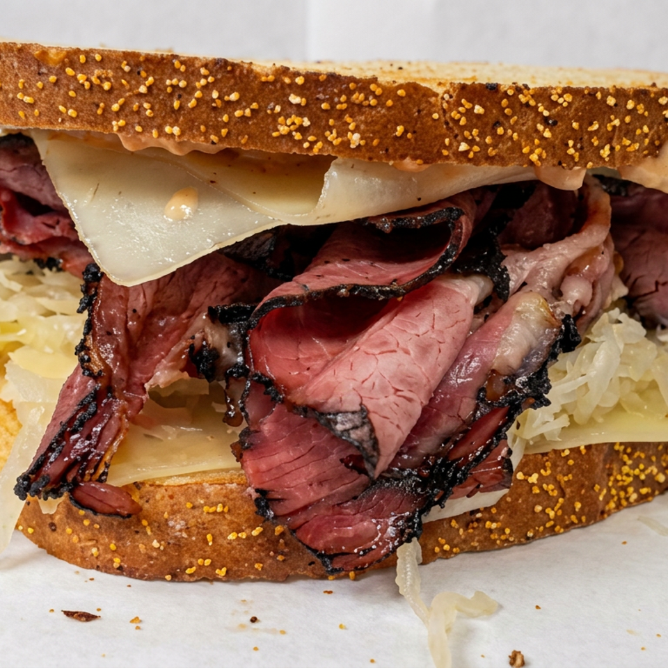 Overstuffed pastrami sandwich on seeded rye bread with melted Swiss cheese and sauerkraut.
